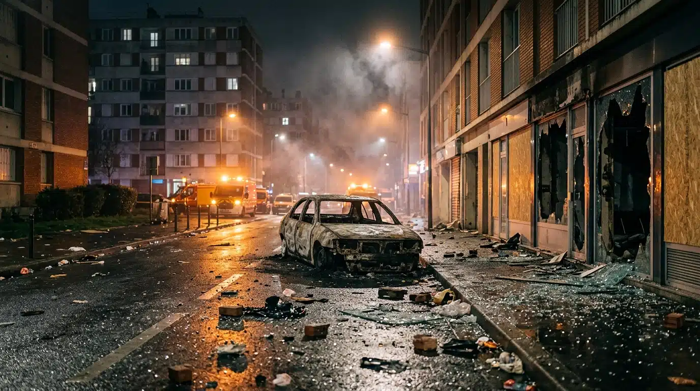 Véhicule calciné dans une rue après des émeutes nocturnes