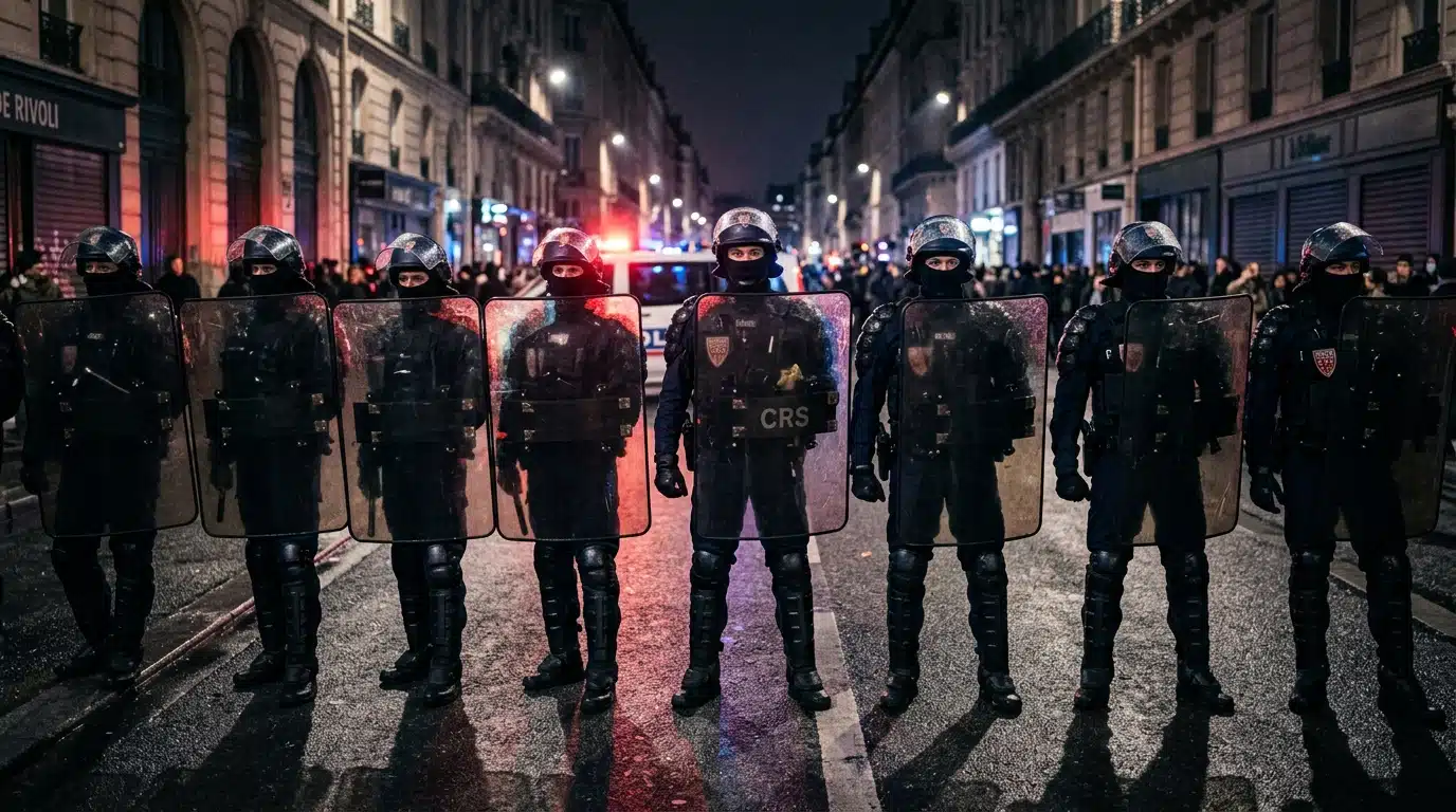 Policiers en tenue anti-émeute déployés dans la rue la nuit