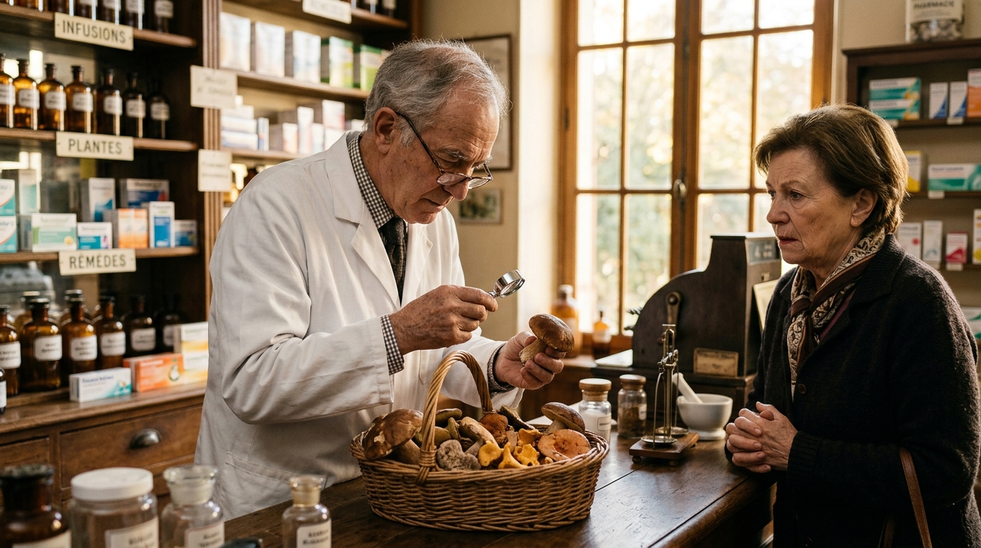 Pharmacien examinant un panier de champignons cueillis
