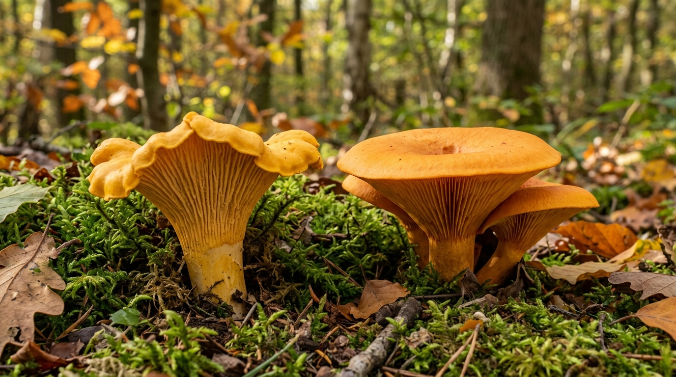 Comparaison girolle et champignon toxique orange en forêt