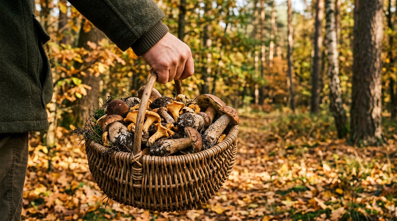 Panier en osier rempli de champignons sauvages en automne