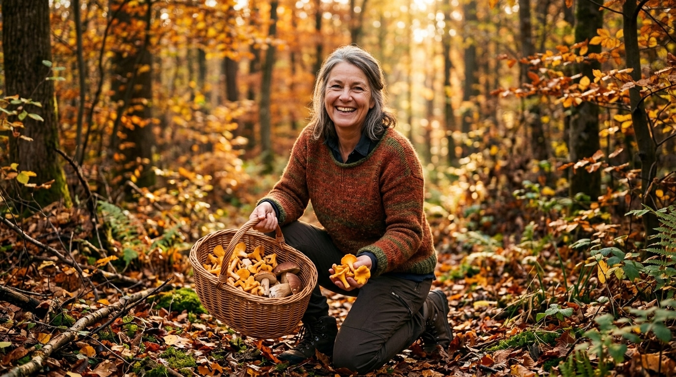 Femme cueillant des champignons en forêt avec panier plein