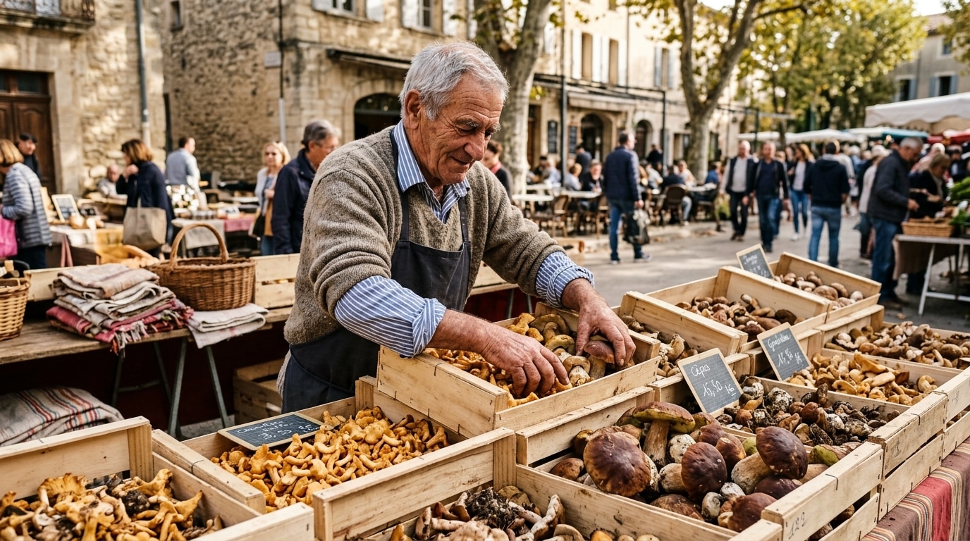 Étal de marché français avec champignons sauvages frais