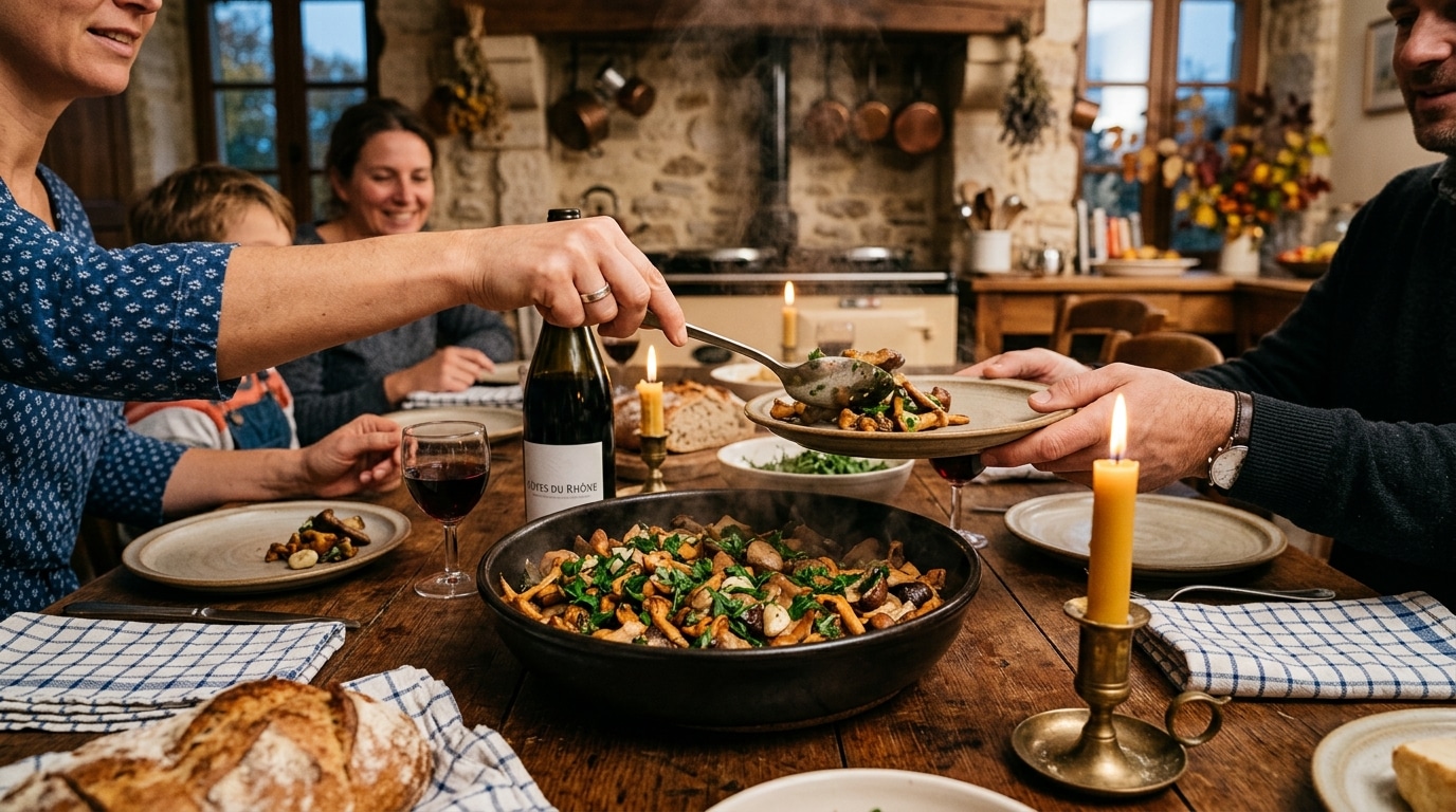 Plat de champignons sautés servi à table en famille
