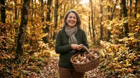 Femme cueillant des cèpes dans une forêt de Dordogne