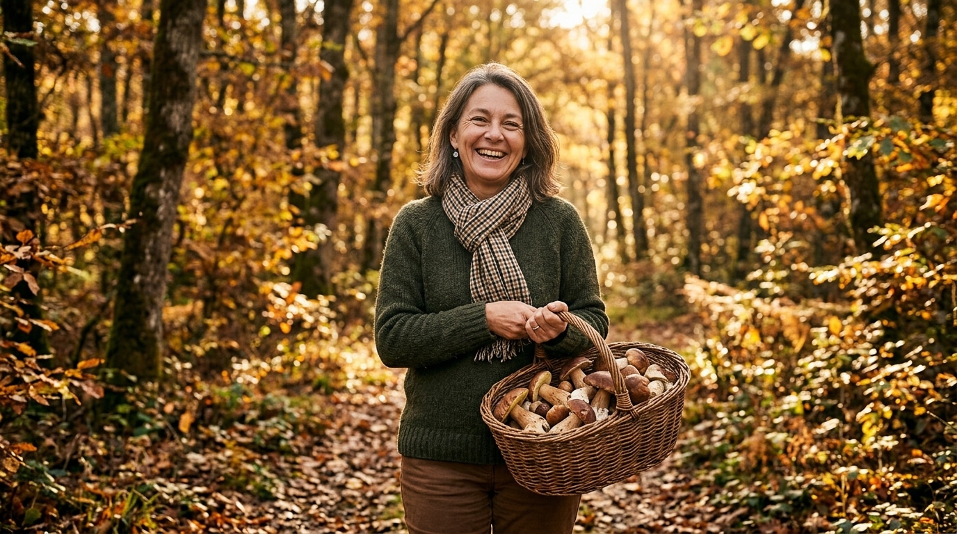 Femme cueillant des cèpes dans une forêt de Dordogne