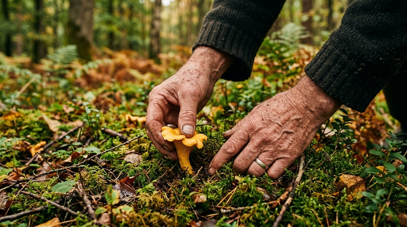 Mains cueillant une girolle dorée en sous-bois
