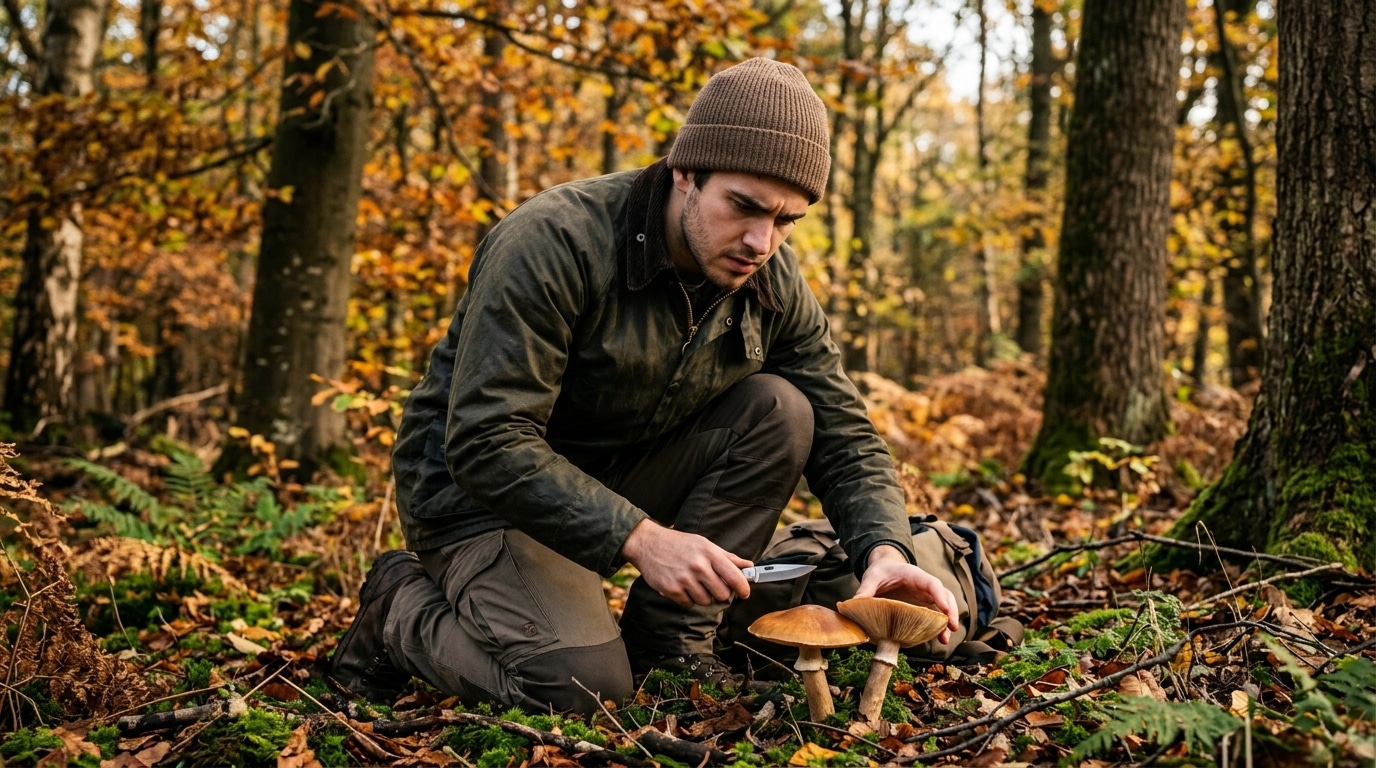 Homme comparant deux champignons pour éviter une confusion