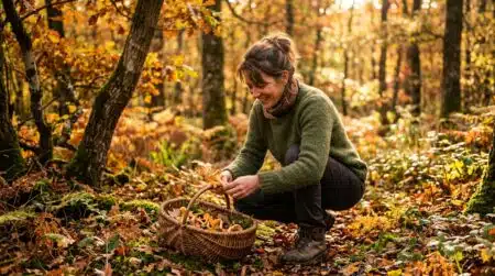 Femme cueillant des champignons dans un panier en osier