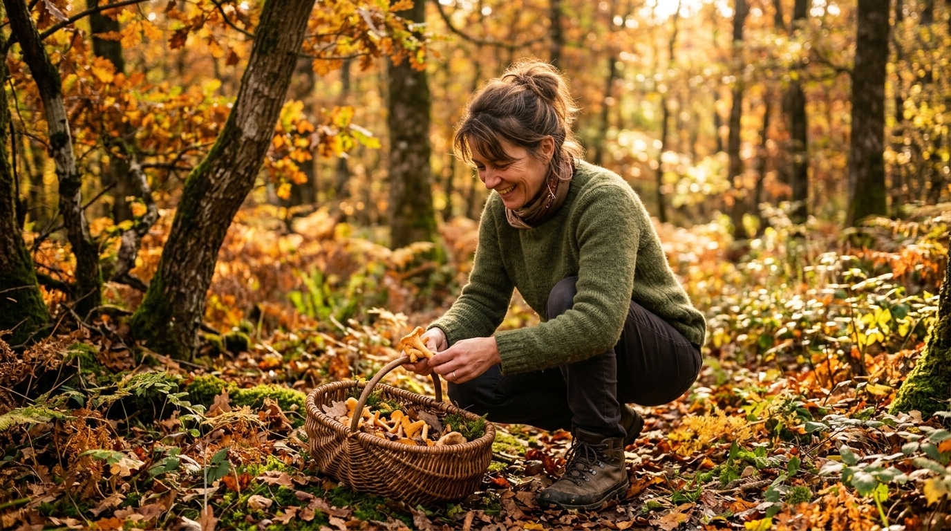 Femme cueillant des champignons dans un panier en osier