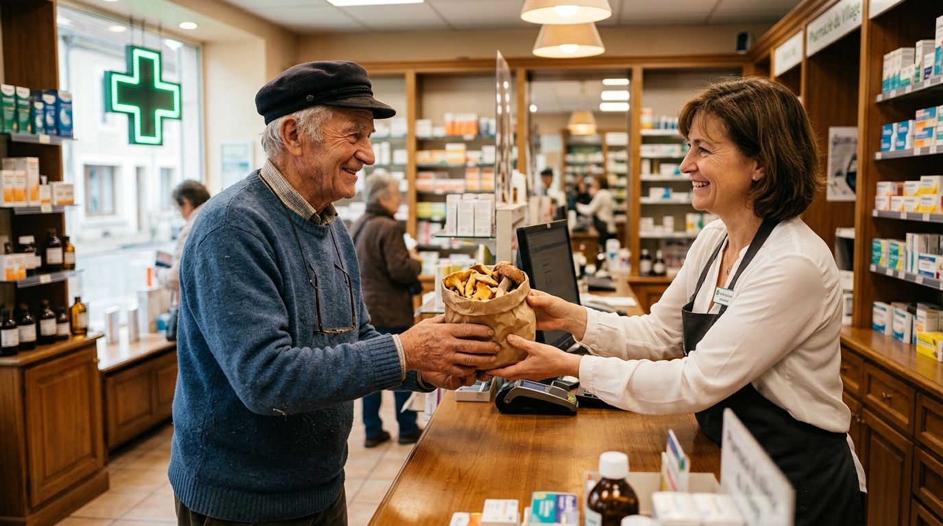 Pharmacien examinant des champignons cueillis en forêt