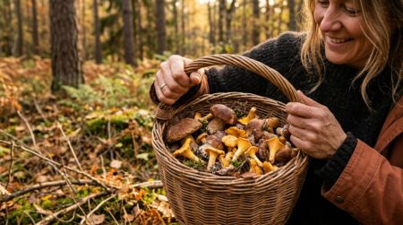 Panier de cèpes et girolles fraîchement cueillis en forêt
