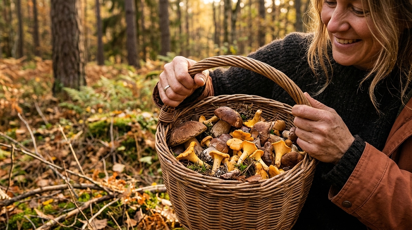Panier de cèpes et girolles fraîchement cueillis en forêt