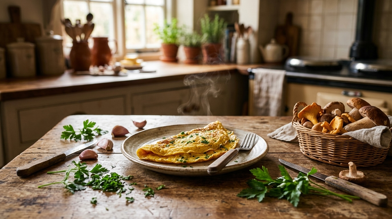 Omelette forestière pliée dans une assiette avec persil
