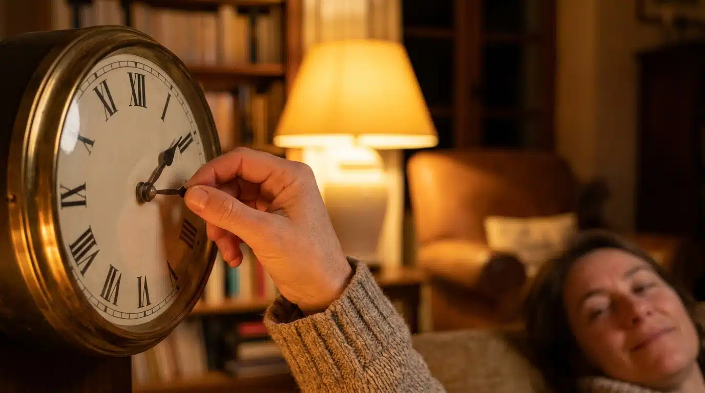 Main réglant une horloge murale ancienne la nuit