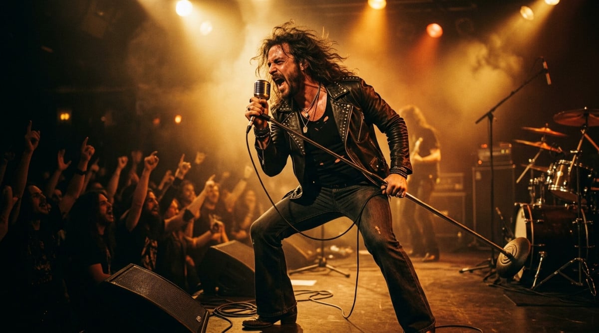 Chanteur de rock sur scène dans une ambiance dorée