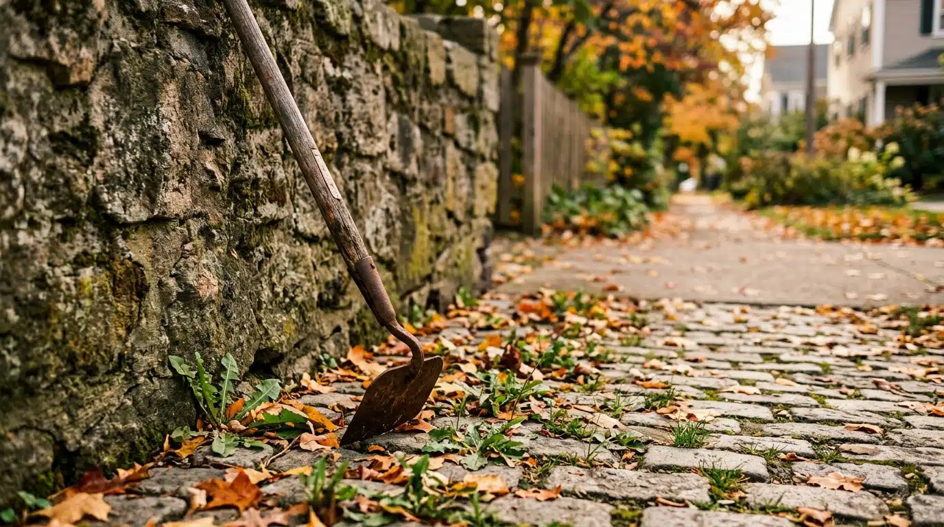 Binette posée contre un muret près d'un trottoir