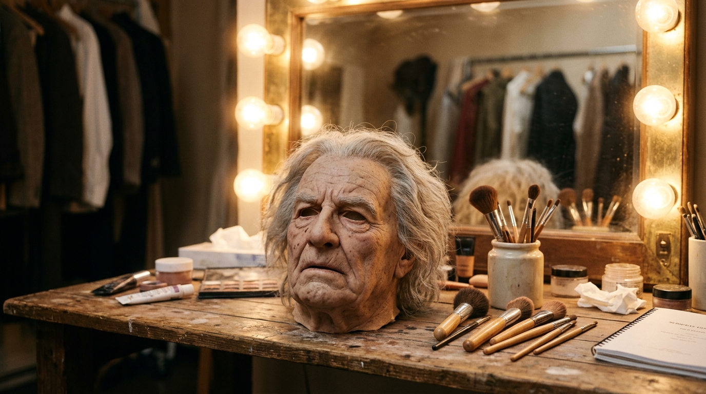 Masque de vieil homme et perruque posés sur une coiffeuse de théâtre
