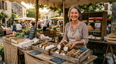 Vendeuse de fromage de chèvre sur un marché français