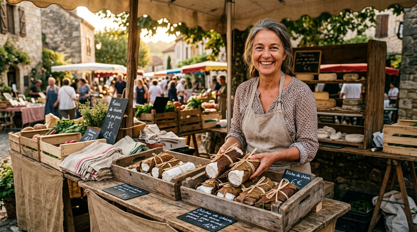 Vendeuse de fromage de chèvre sur un marché français
