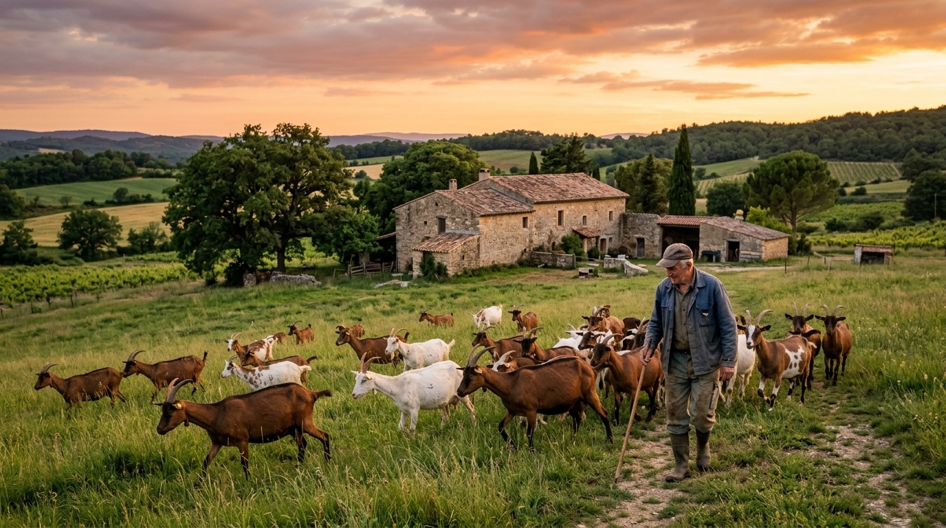 Éleveur avec un troupeau de chèvres au coucher du soleil