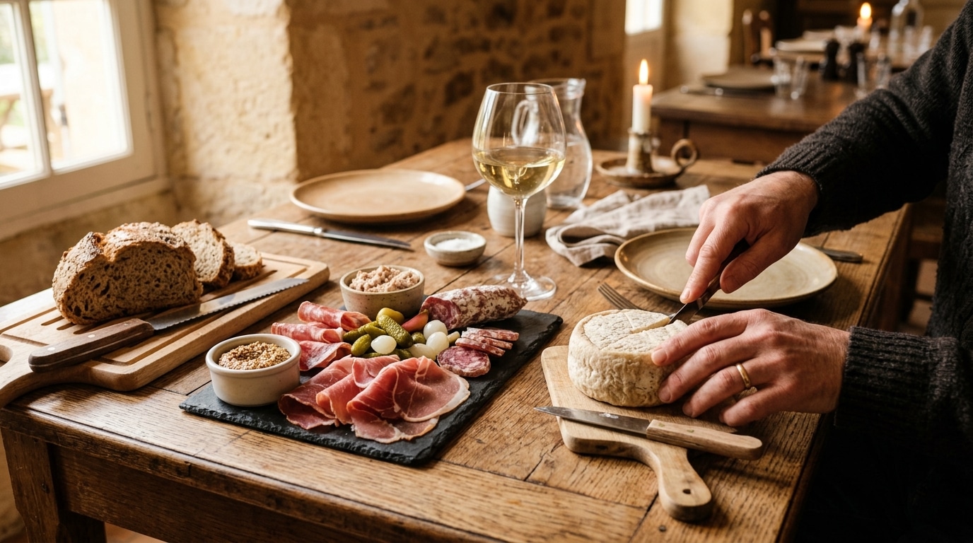 Table régionale avec charcuterie, chèvre et vin blanc