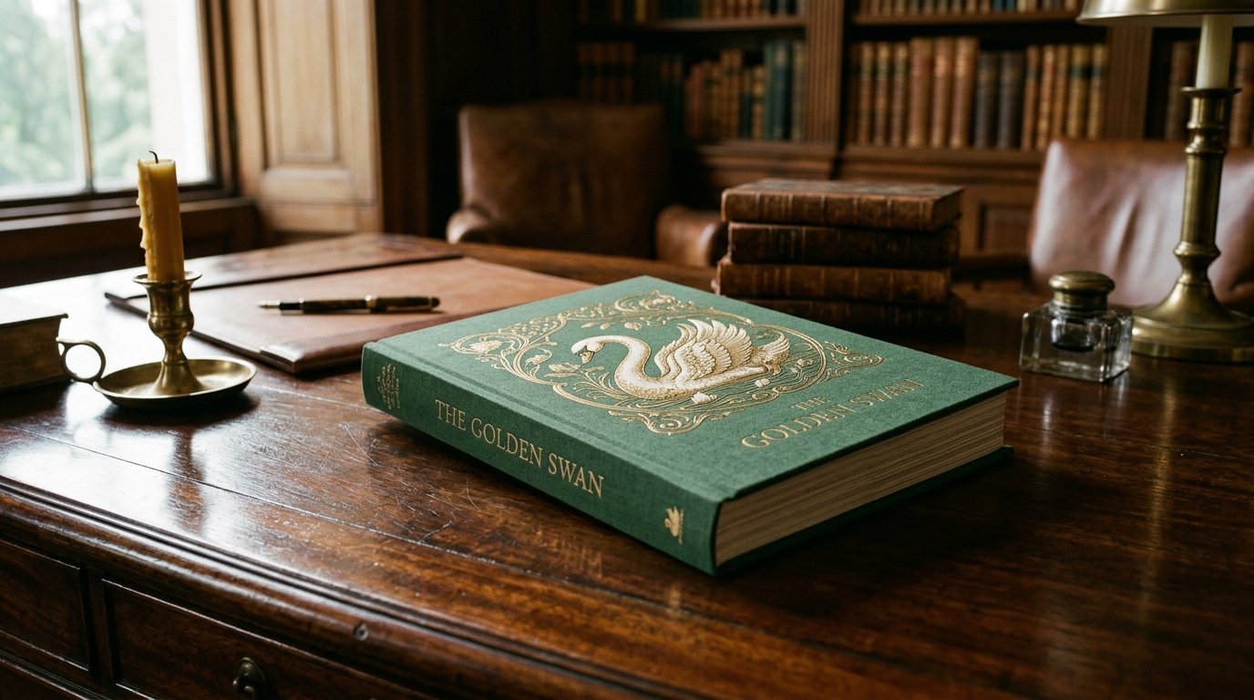 Livre relié orné d'un cygne posé sur un bureau ancien en bois
