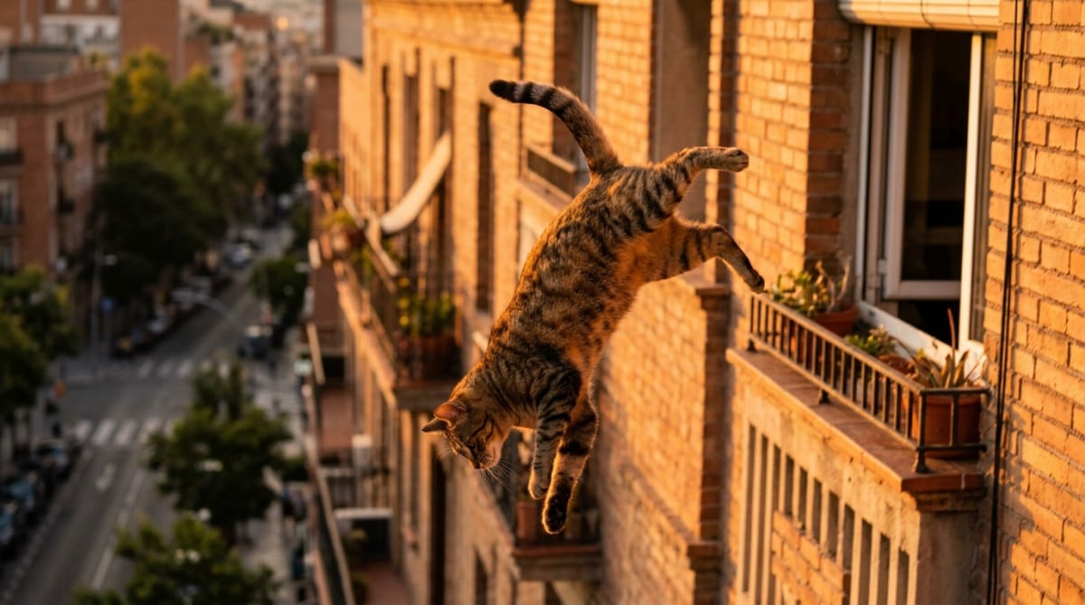 Chat en pleine chute retournant son corps par réflexe