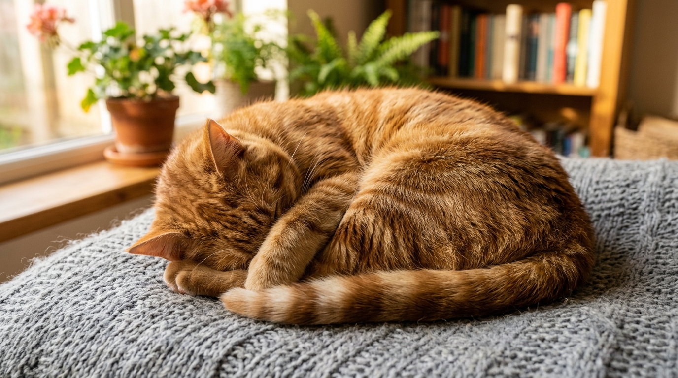 Chat roux roulé en boule sur une couverture douce