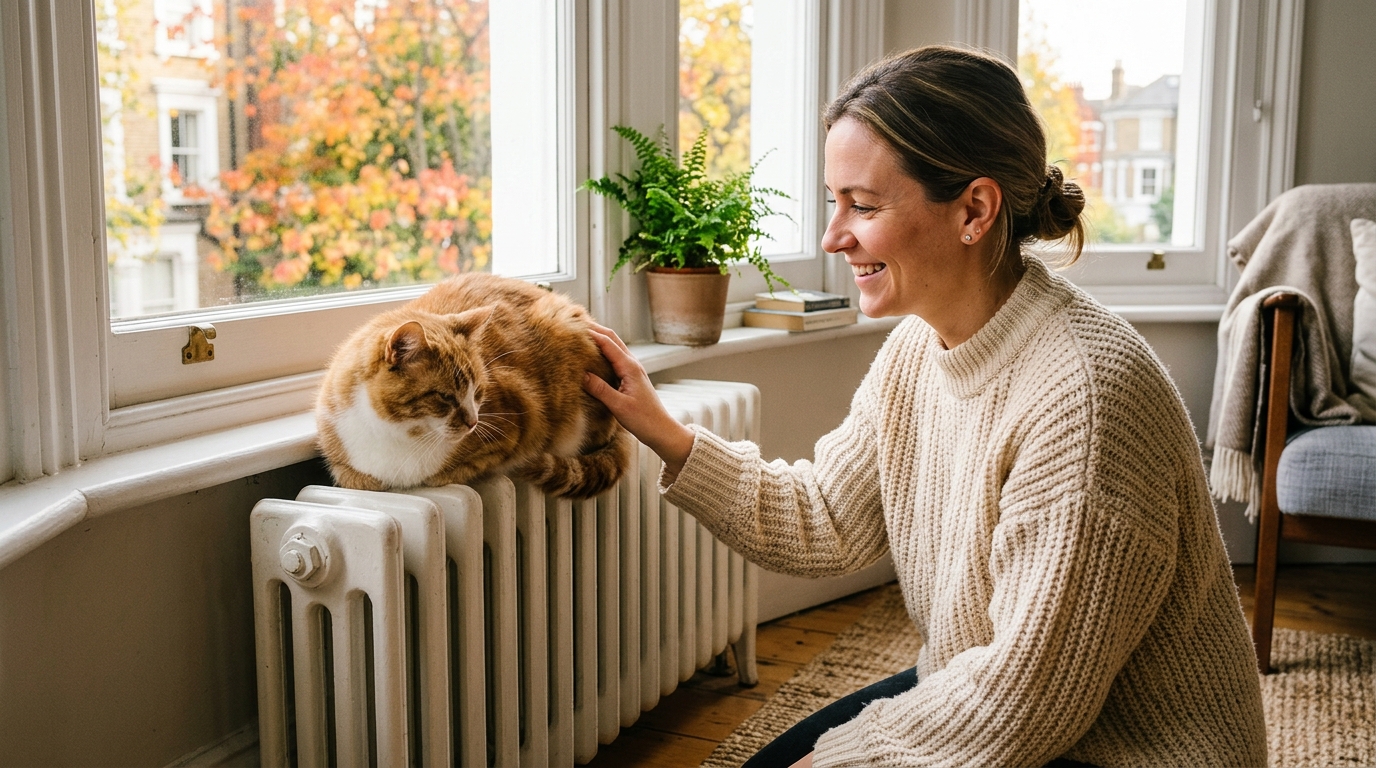 Femme caressant son chat collé contre un radiateur