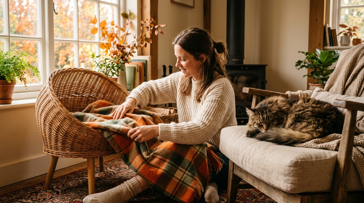 Panier douillet avec plaid pour chat frileux en automne