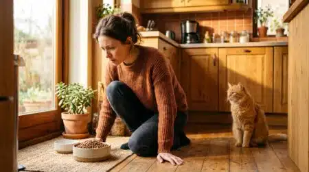 Femme inquiète devant la gamelle intacte de son chat