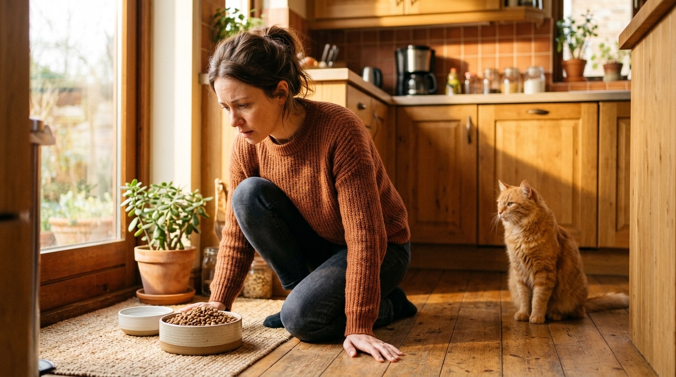 Femme inquiète devant la gamelle intacte de son chat