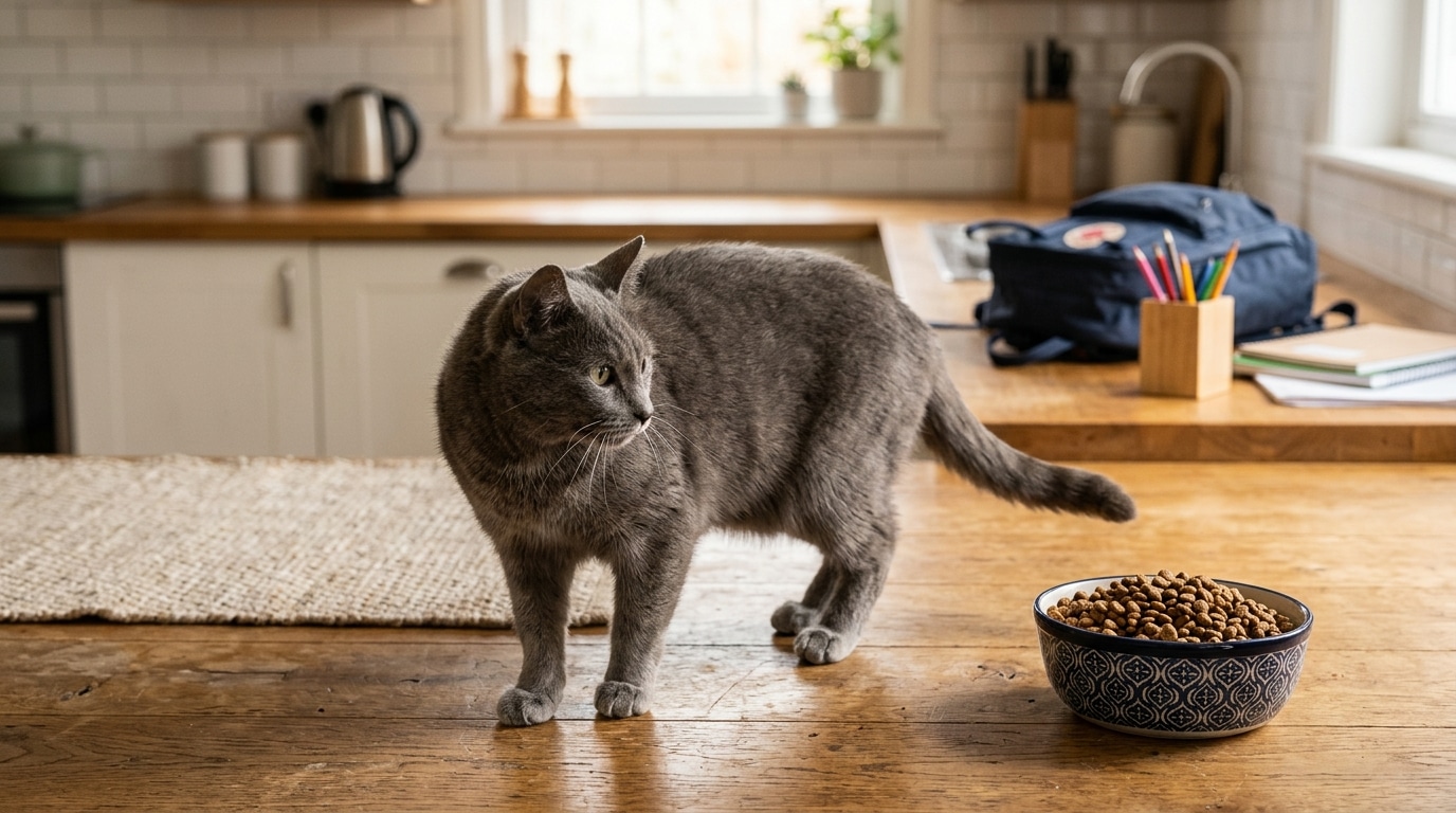 Chat gris reniflant puis délaissant sa gamelle de nourriture