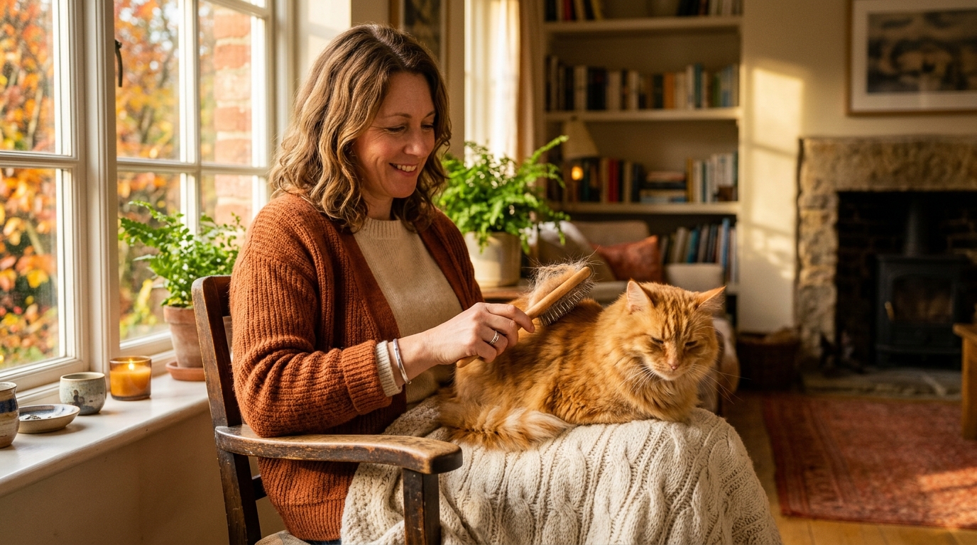 Femme brossant un chat qui perd ses poils en automne