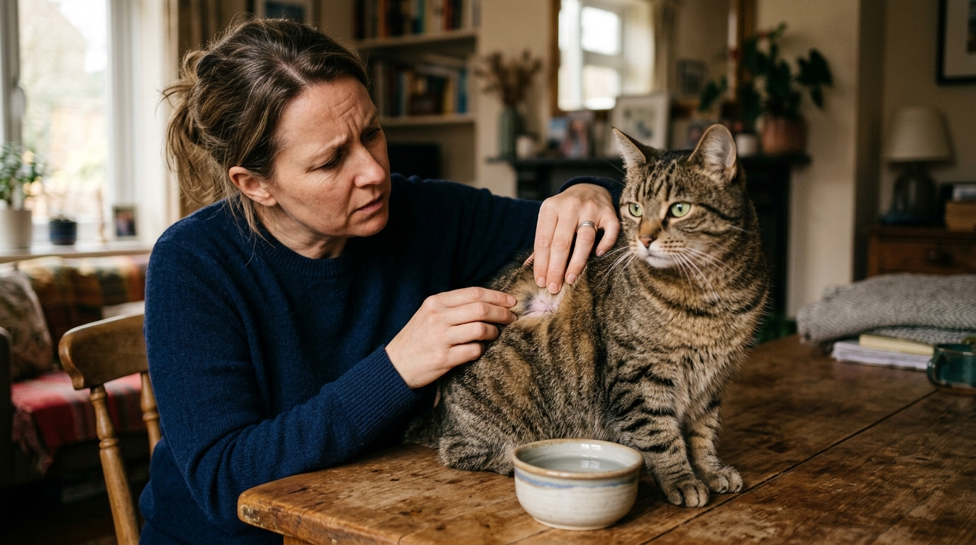 Propriétaire inspectant la peau de son chat inquiète