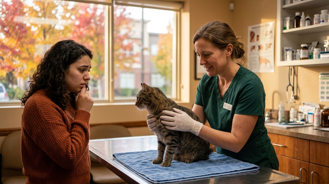 Vétérinaire examinant le pelage d'un chat chez le client