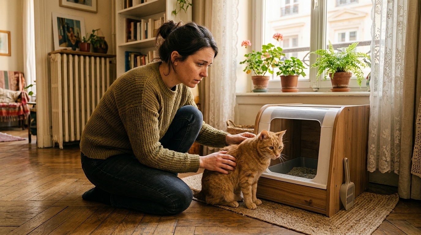 Femme observant son chat près de la litière