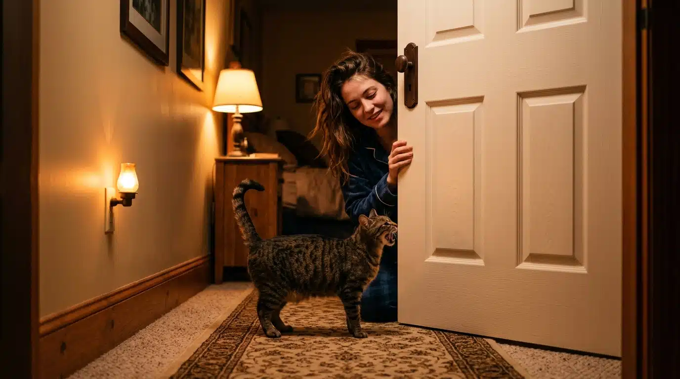Chat miaulant la nuit devant une porte fermée