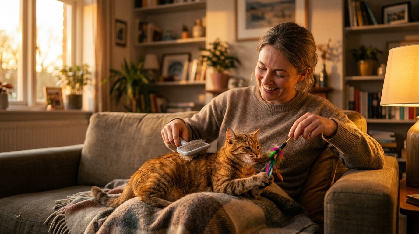 Propriétaire jouant avec son chat le soir