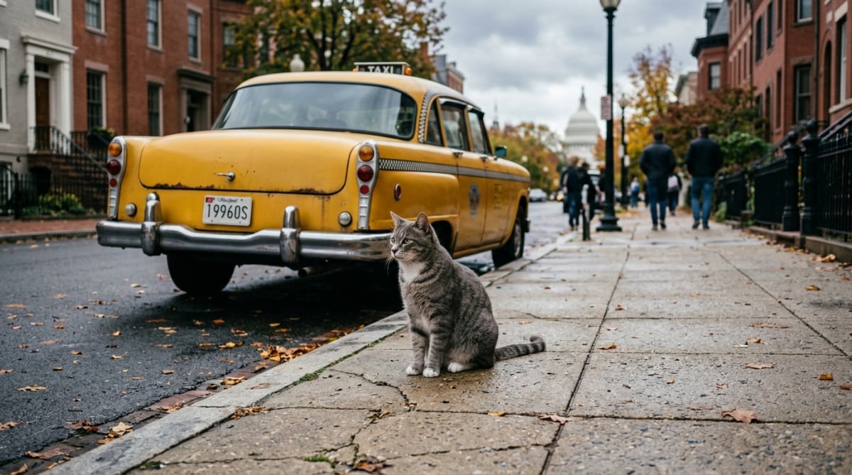 Chat tigré assis près d'un taxi jaune vintage