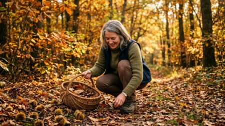 Femme cueillant des châtaignes en forêt à l'automne