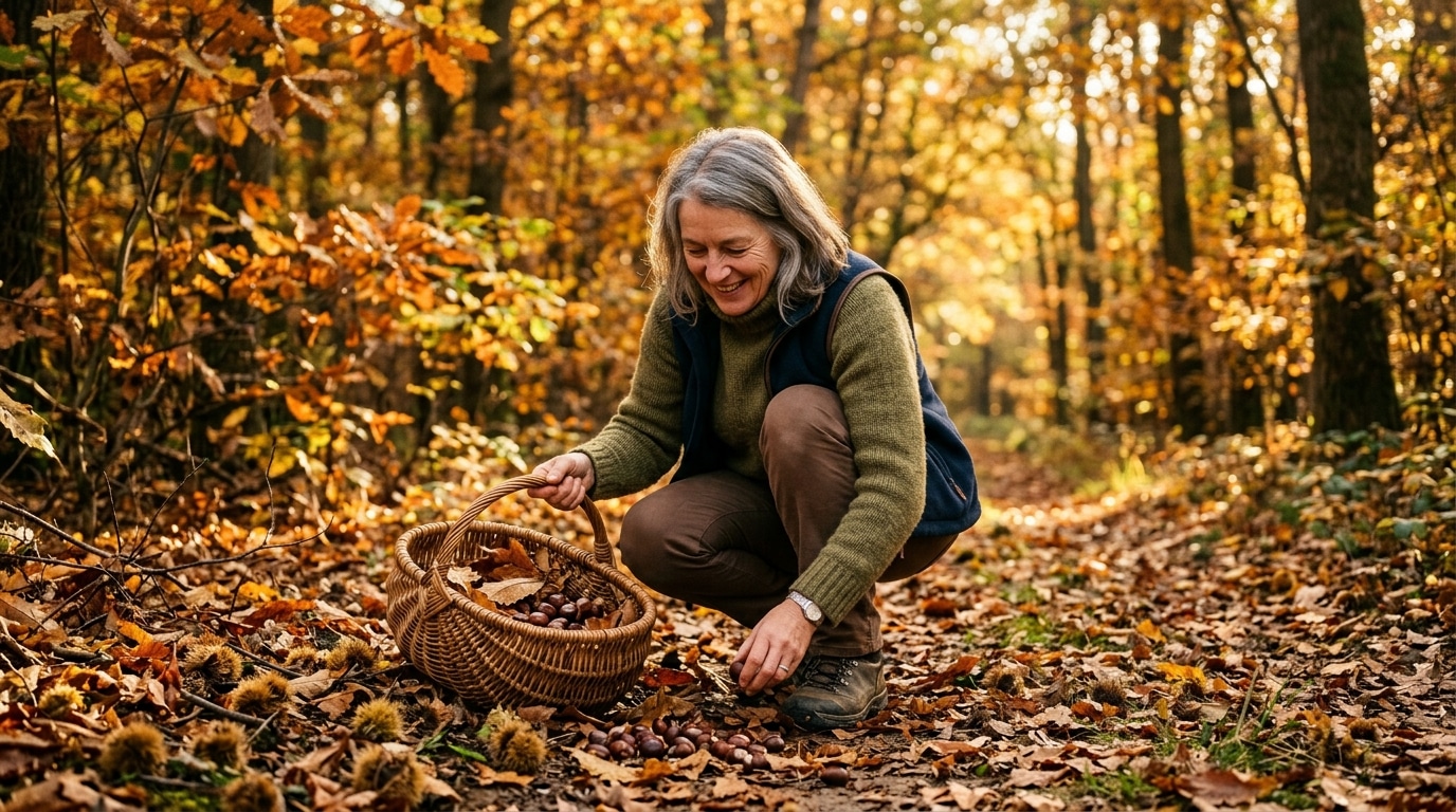 Femme cueillant des châtaignes en forêt à l'automne
