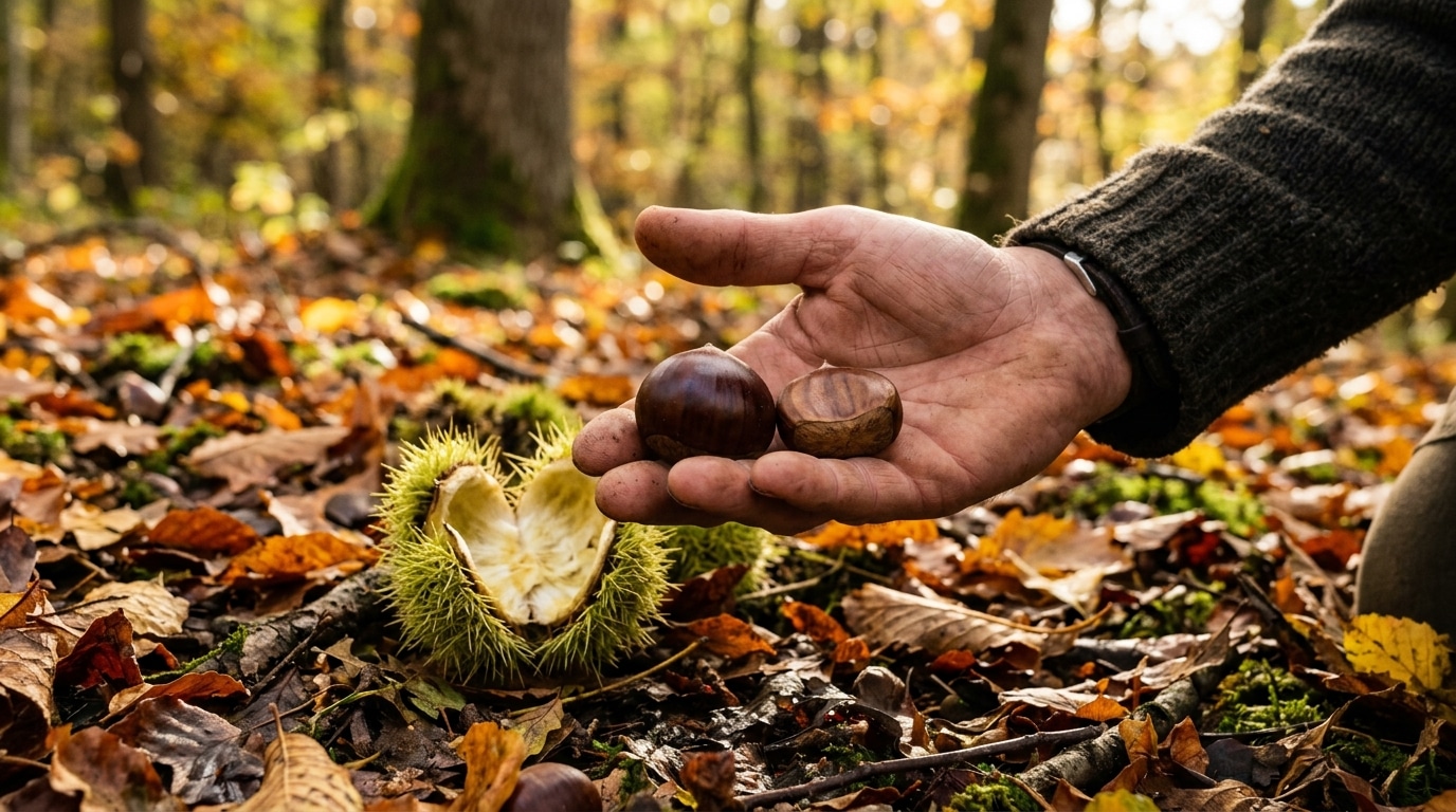 Comparaison de châtaignes et bogue ouverte en forêt