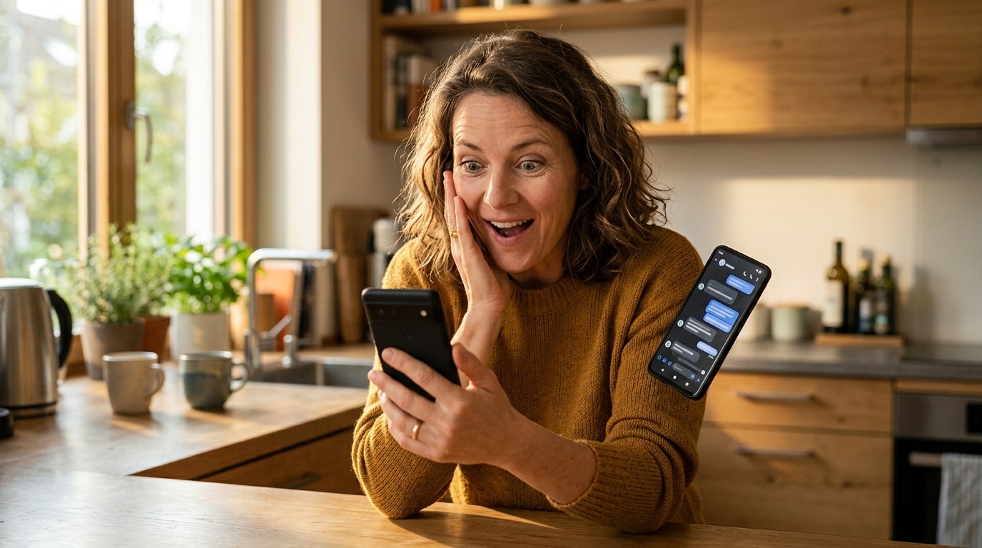 Femme surprise en consultant ChatGPT sur son smartphone