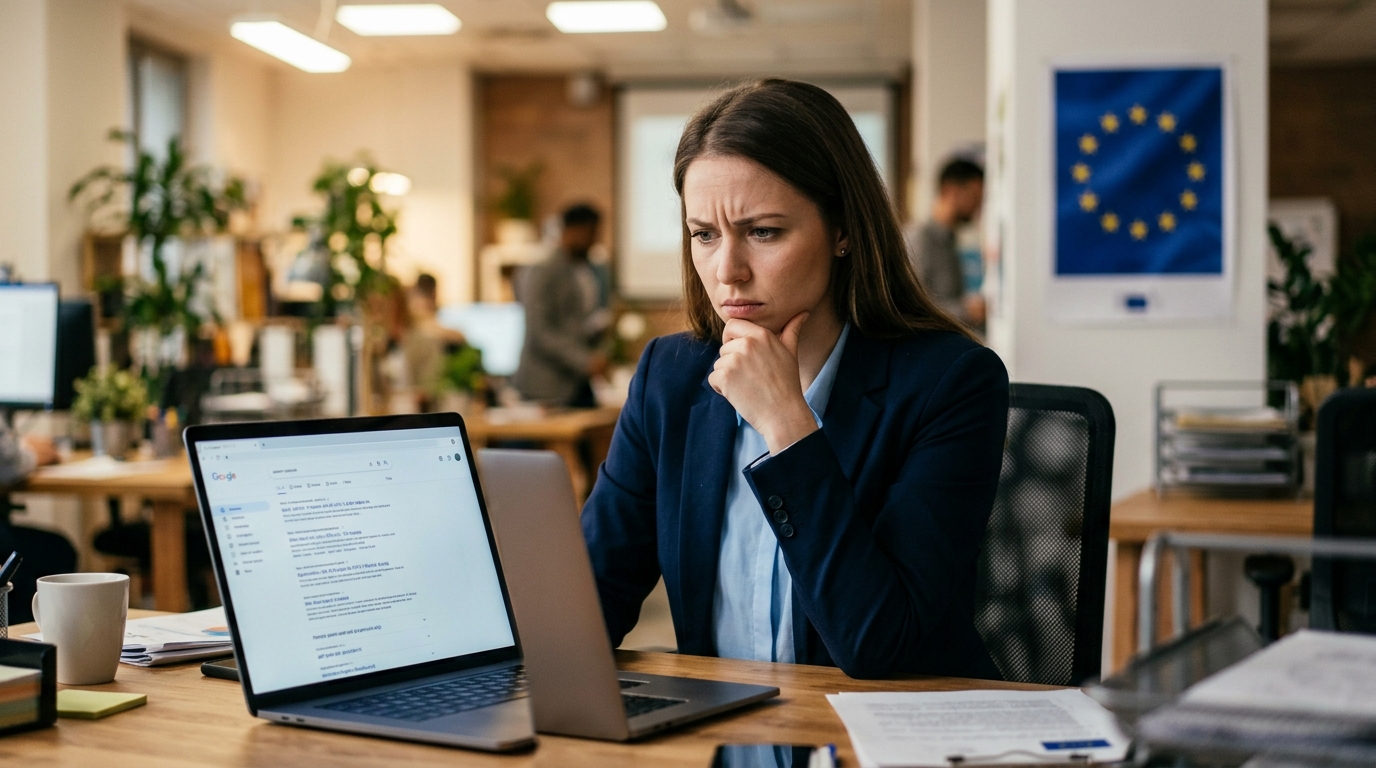 Professionnel utilisant une interface de recherche IA au bureau