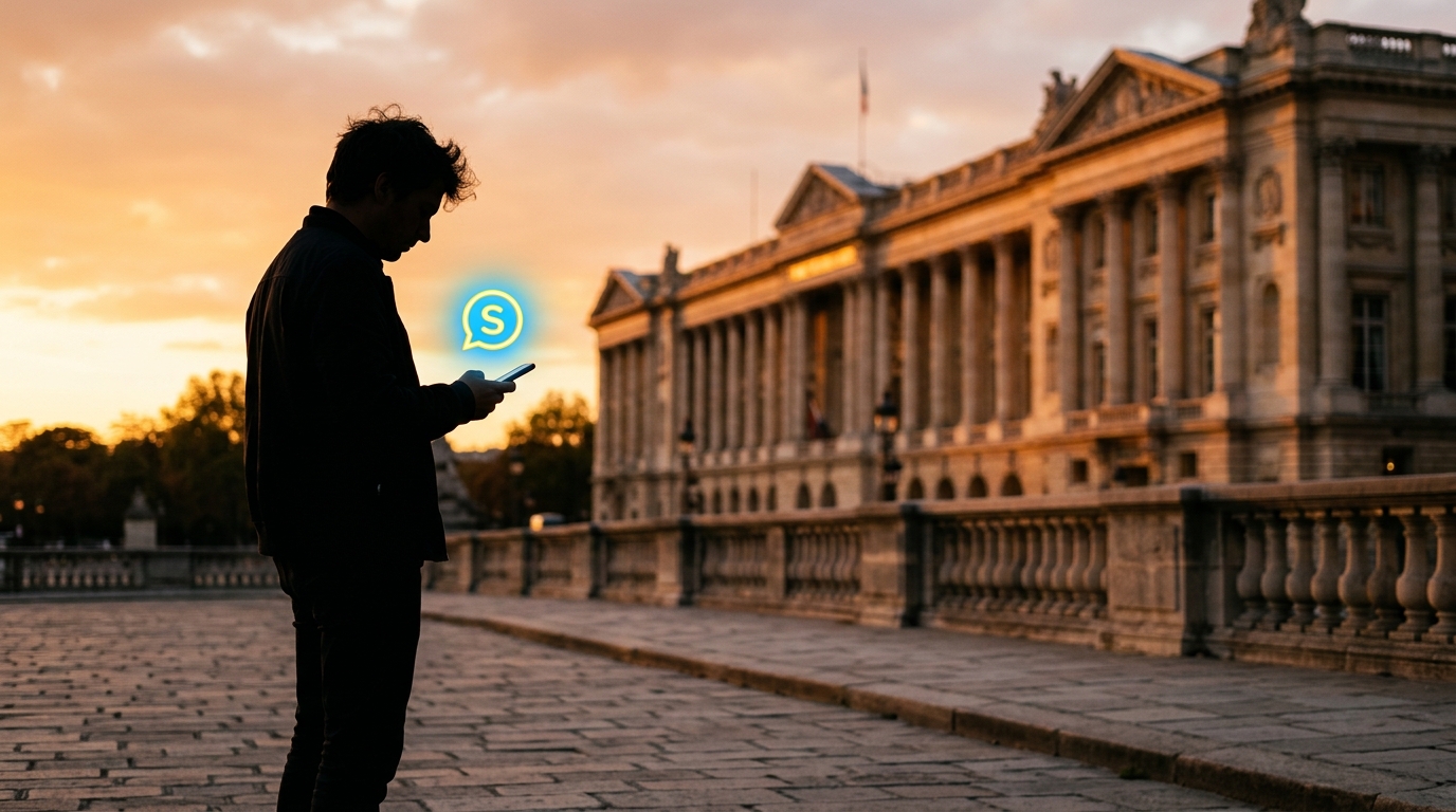 Utilisateur de chatbot devant un bâtiment européen