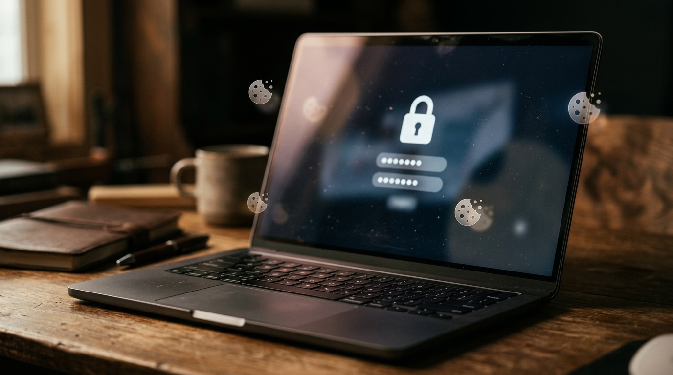 Écran de connexion flou avec icônes de cookies numériques