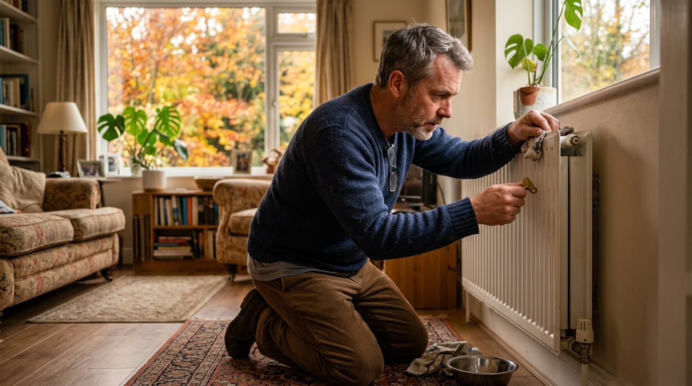 Homme purge un radiateur avec une clé avant l'hiver