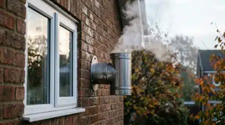 Panache de vapeur blanche sortant d'une ventouse de chaudière
